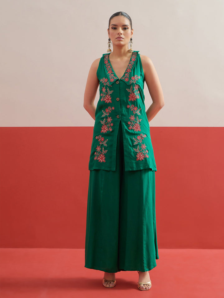 Women Green Embroidered Front Button Top With Palazzos