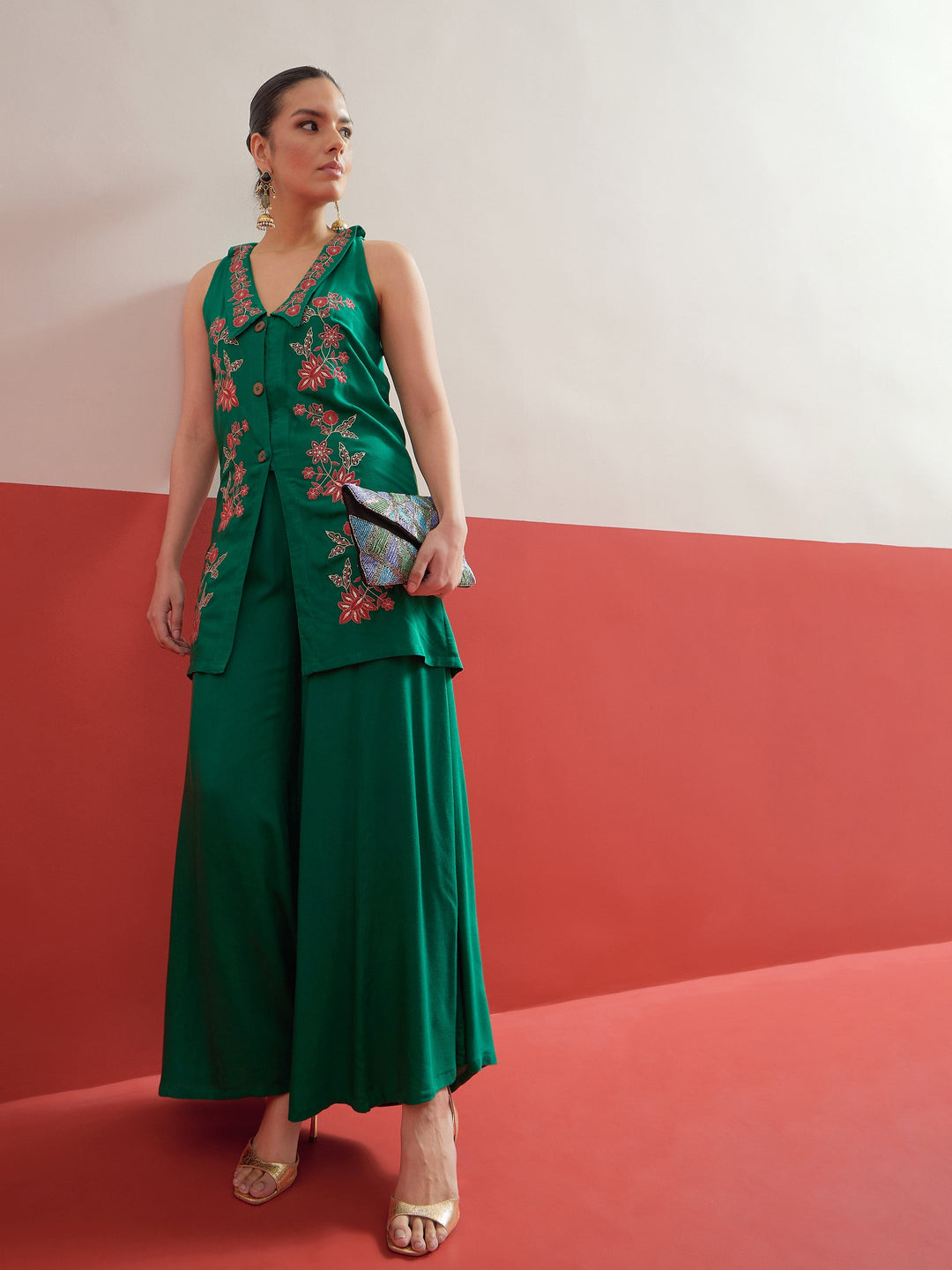 Women Green Embroidered Front Button Top With Palazzos