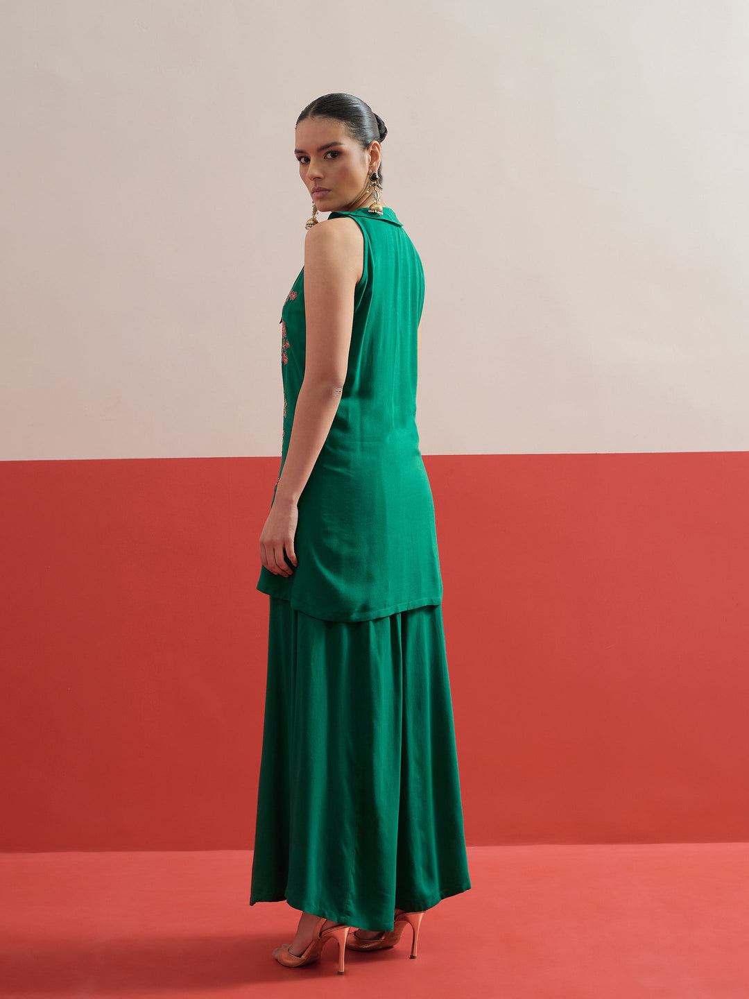 Women Green Embroidered Front Button Top With Palazzos