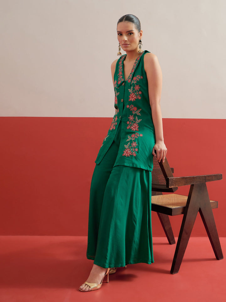 Women Green Embroidered Front Button Top With Palazzos