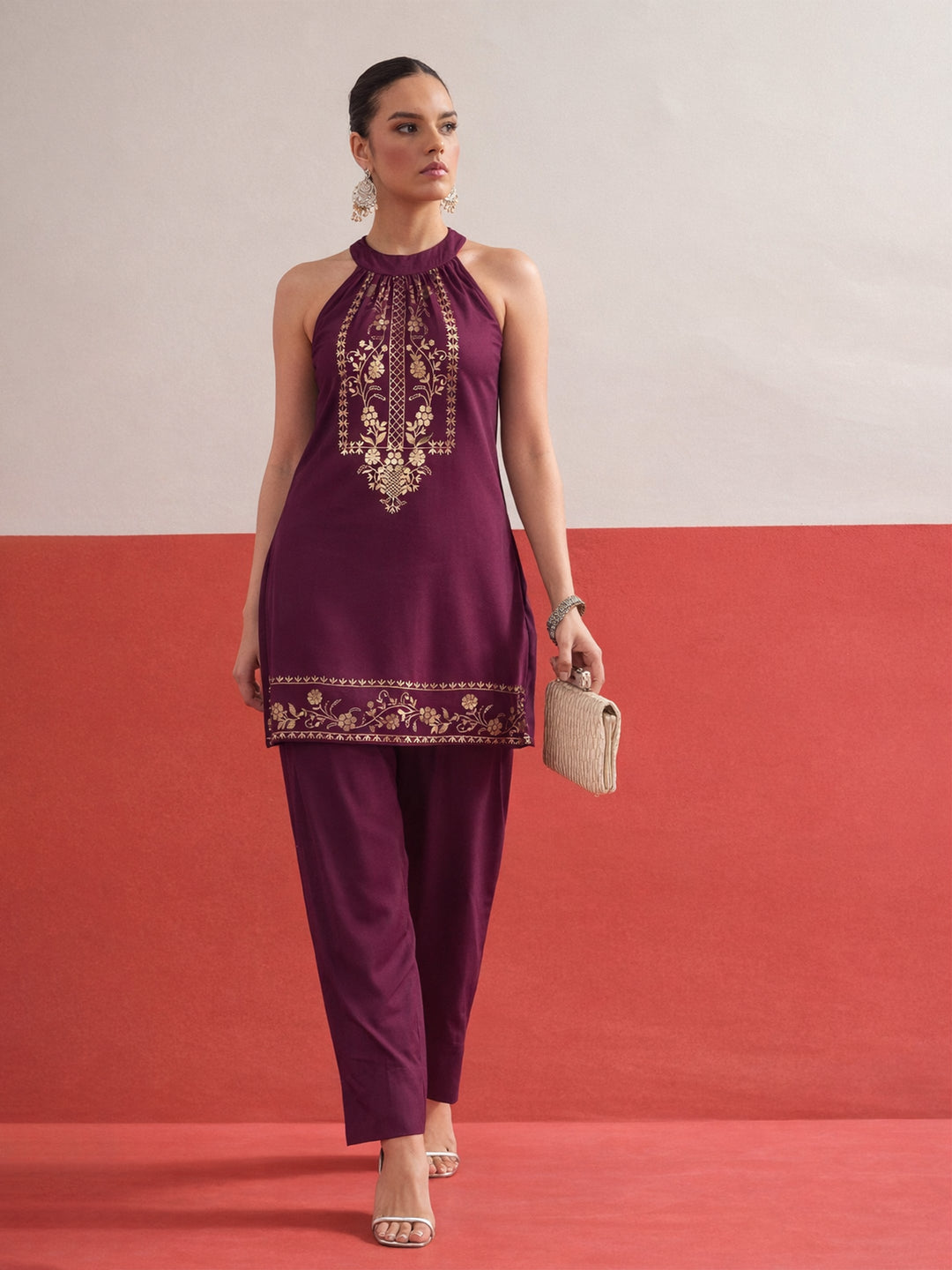 Women Burgundy Foil Print Halter Neck Kurta With Pants