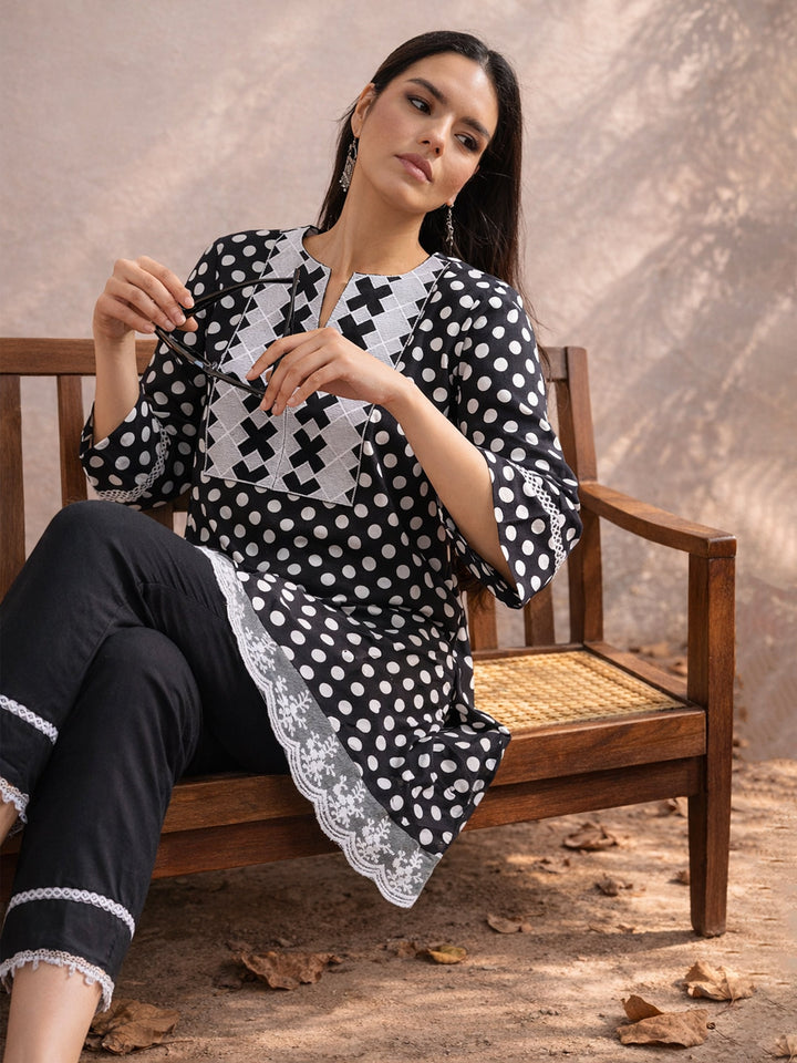 Women Black Polka Dot Embroidered Short Kurti With Pencil Pants