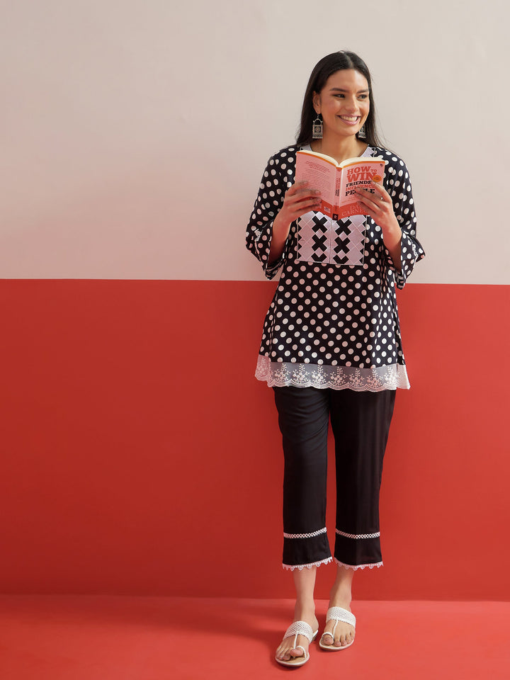 Women Black Polka Dot Embroidered Short Kurti With Pencil Pants