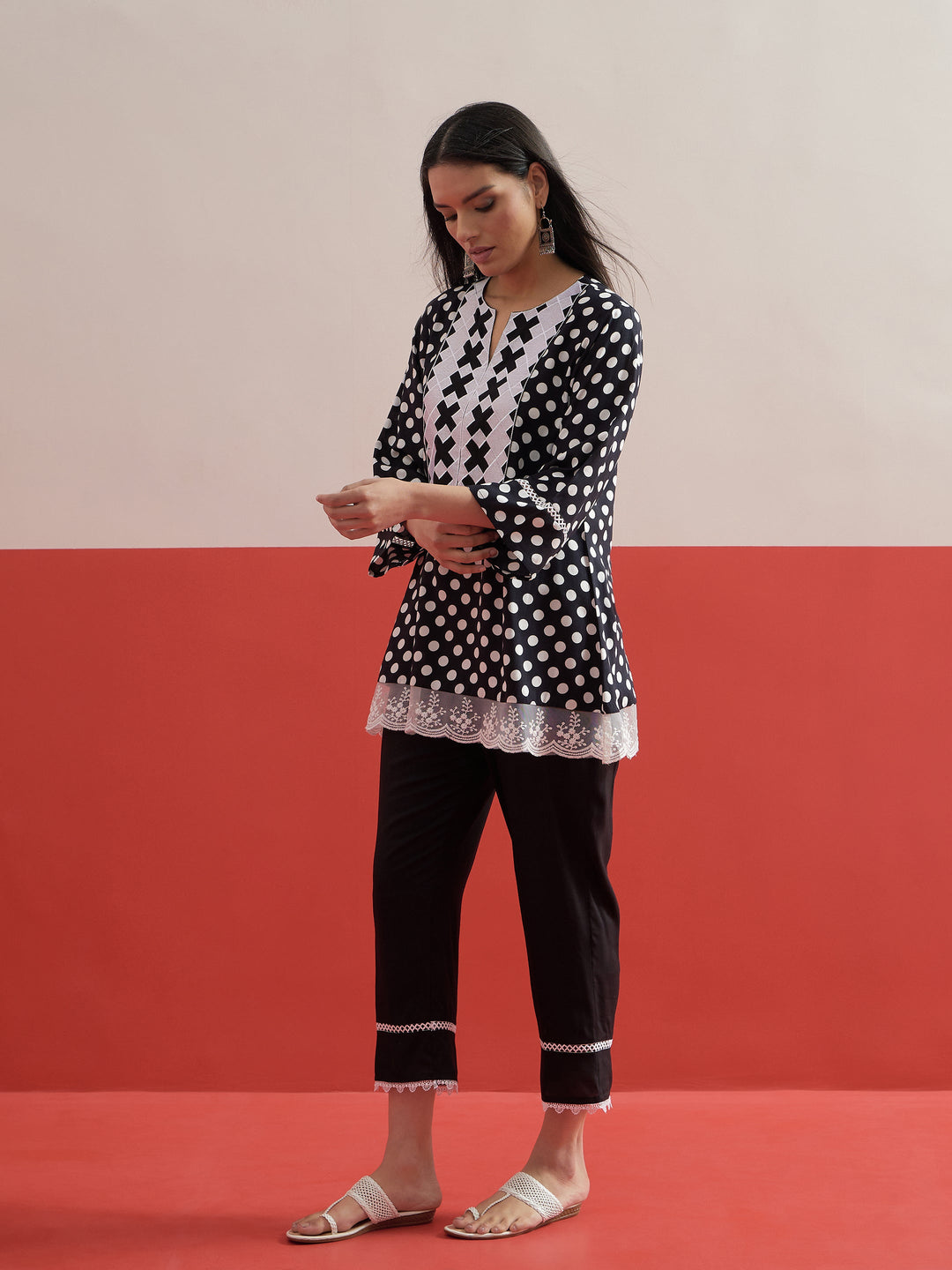 Women Black Polka Dot Embroidered Short Kurti With Pencil Pants