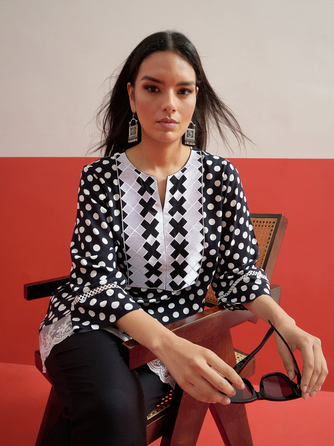 Women Black Polka Dot Embroidered Short Kurti With Pencil Pants