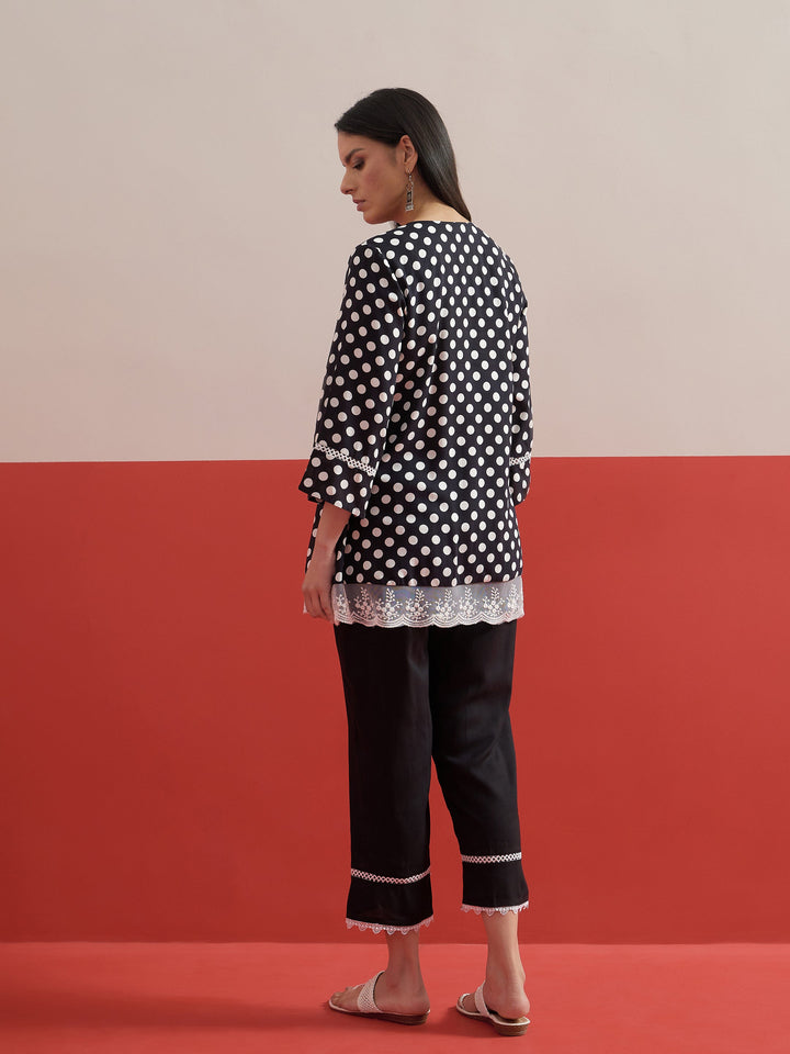 Women Black Polka Dot Embroidered Short Kurti With Pencil Pants