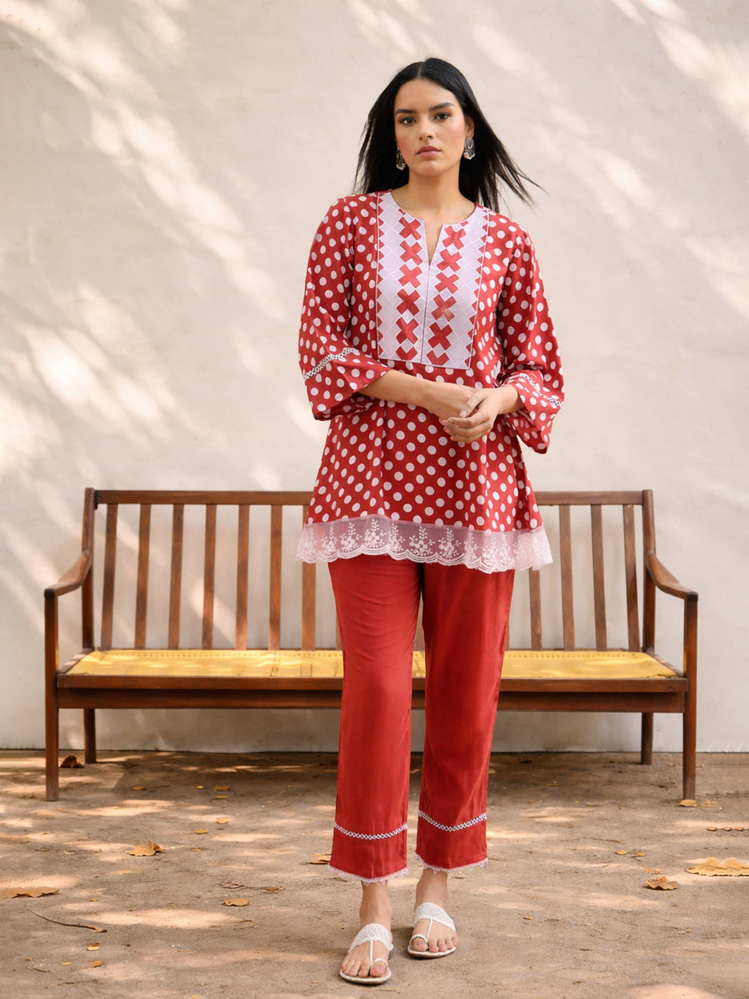 Women Red Polka Dot Embroidered Short Kurti With Pencil Pants