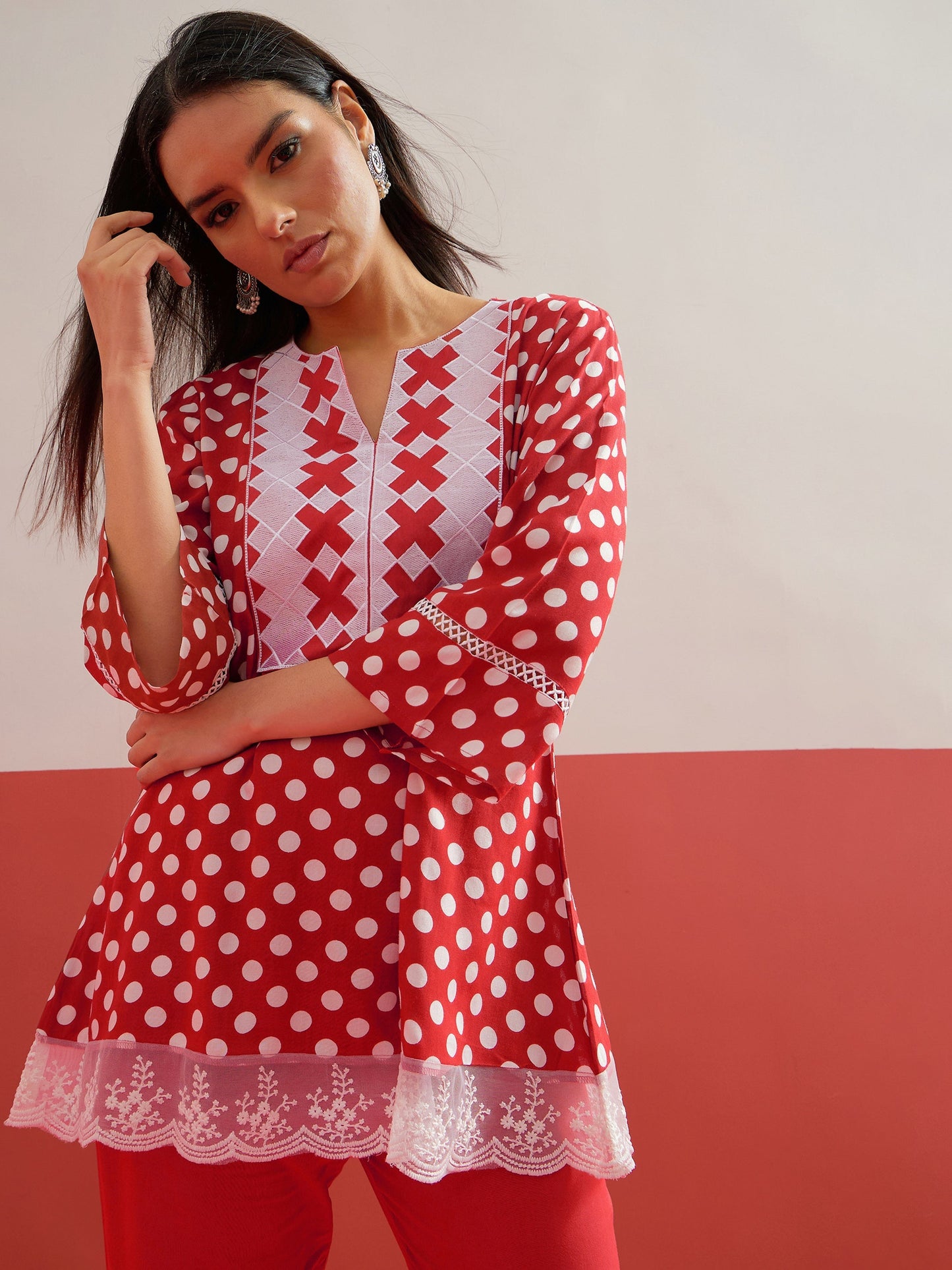Women Red Polka Dot Embroidered Short Kurti With Pencil Pants