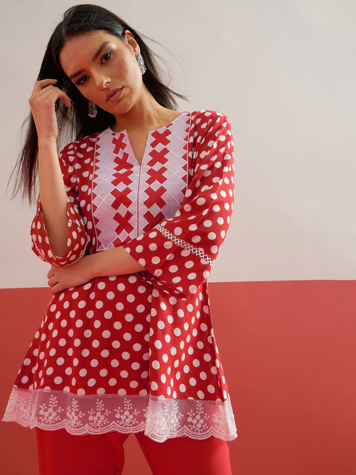 Women Red Polka Dot Embroidered Short Kurti With Pencil Pants