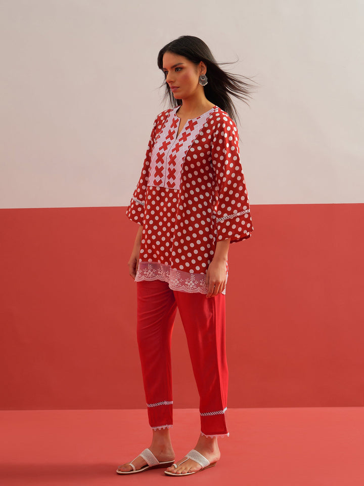 Women Red Polka Dot Embroidered Short Kurti With Pencil Pants