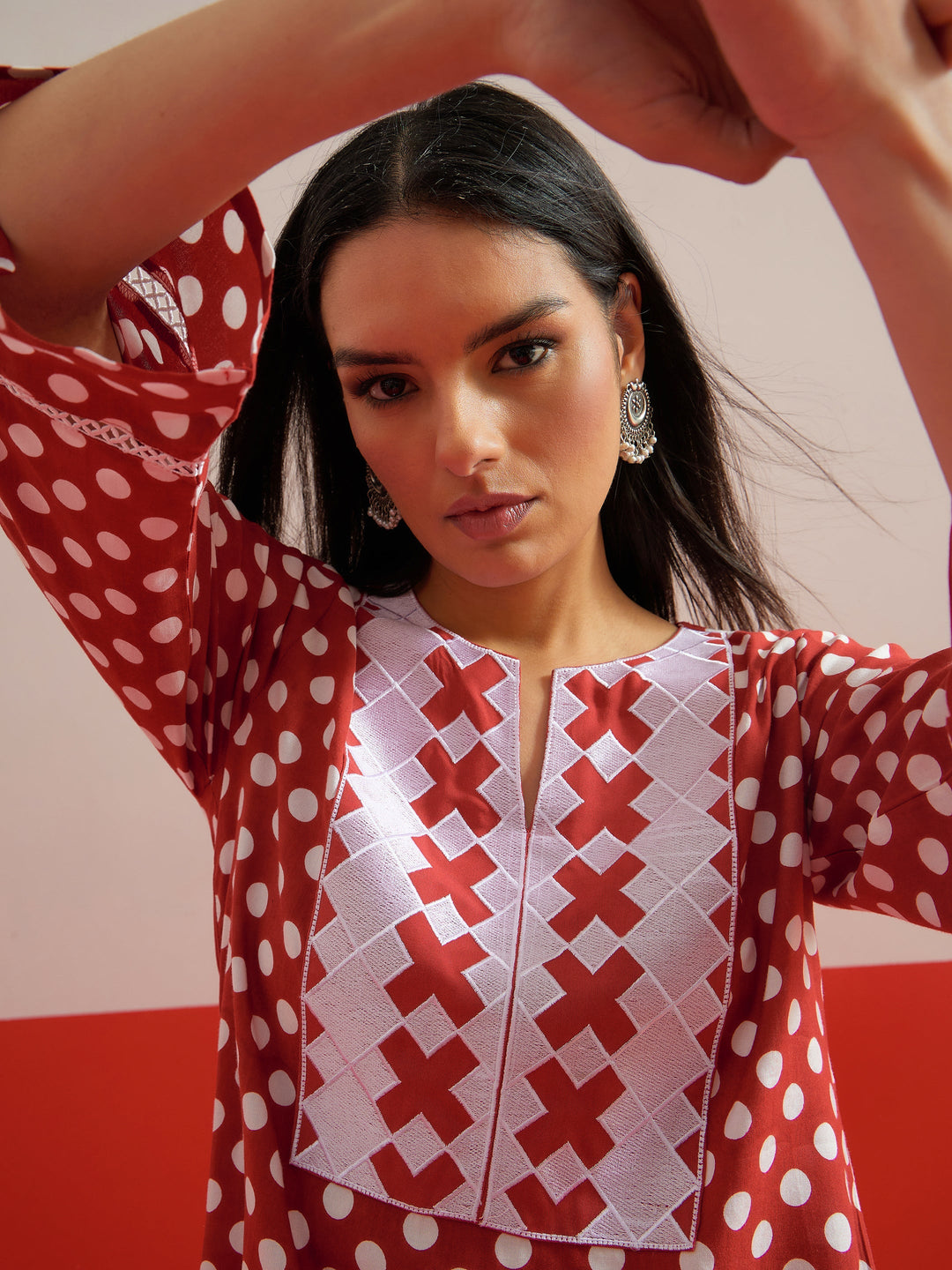 Women Red Polka Dot Embroidered Short Kurti With Pencil Pants