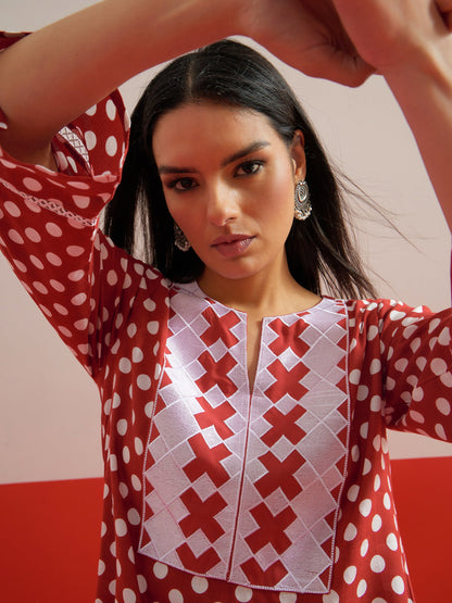 Women Red Polka Dot Embroidered Short Kurti With Pencil Pants