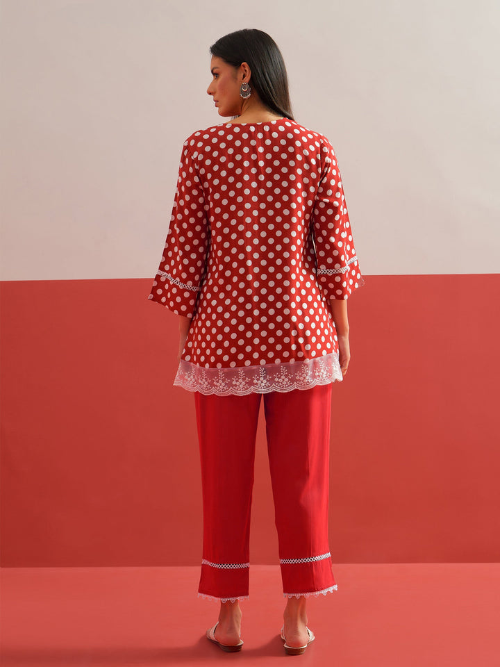 Women Red Polka Dot Embroidered Short Kurti With Pencil Pants