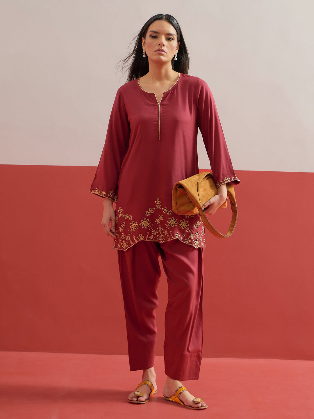 Women Maroon Zari Embroidered Short Kurti With Pharsi Salwar