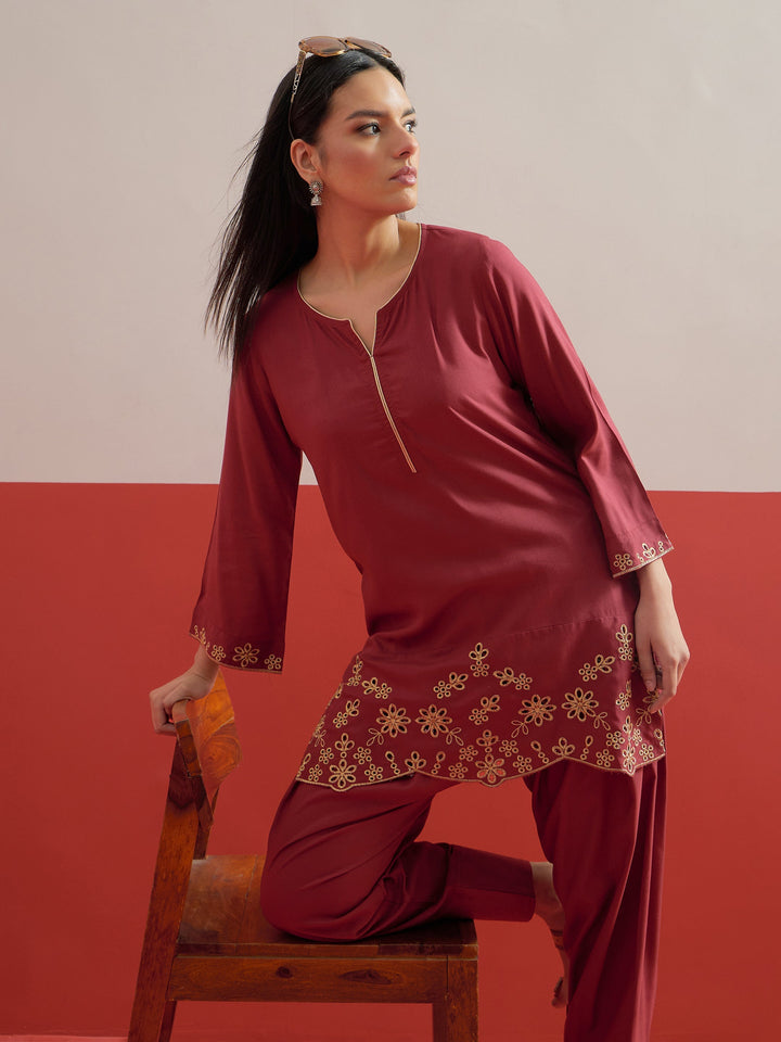 Women Maroon Zari Embroidered Short Kurti With Pharsi Salwar