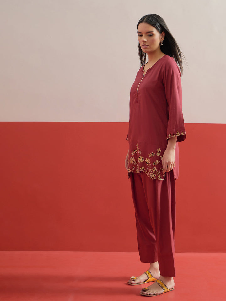 Women Maroon Zari Embroidered Short Kurti With Pharsi Salwar