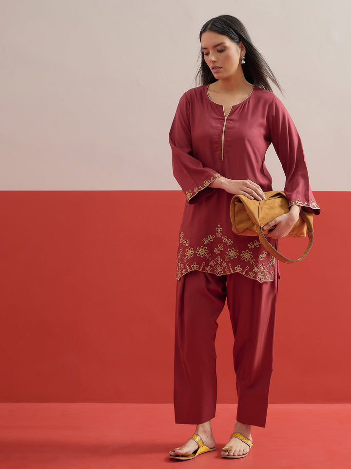 Women Maroon Zari Embroidered Short Kurti With Pharsi Salwar
