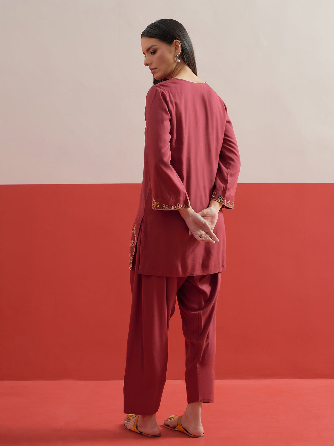 Women Maroon Zari Embroidered Short Kurti With Pharsi Salwar