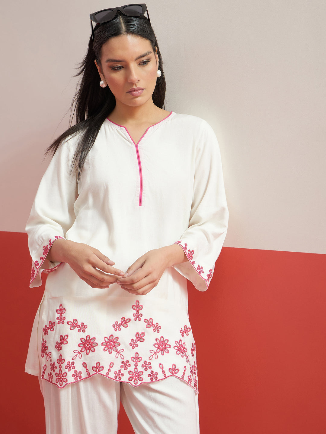 Women White Thread Embroidered Short Kurti With Pharsi Salwar