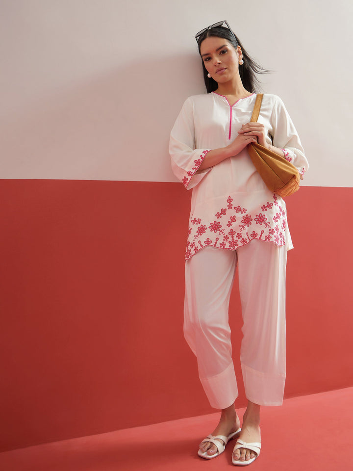 Women White Thread Embroidered Short Kurti With Pharsi Salwar
