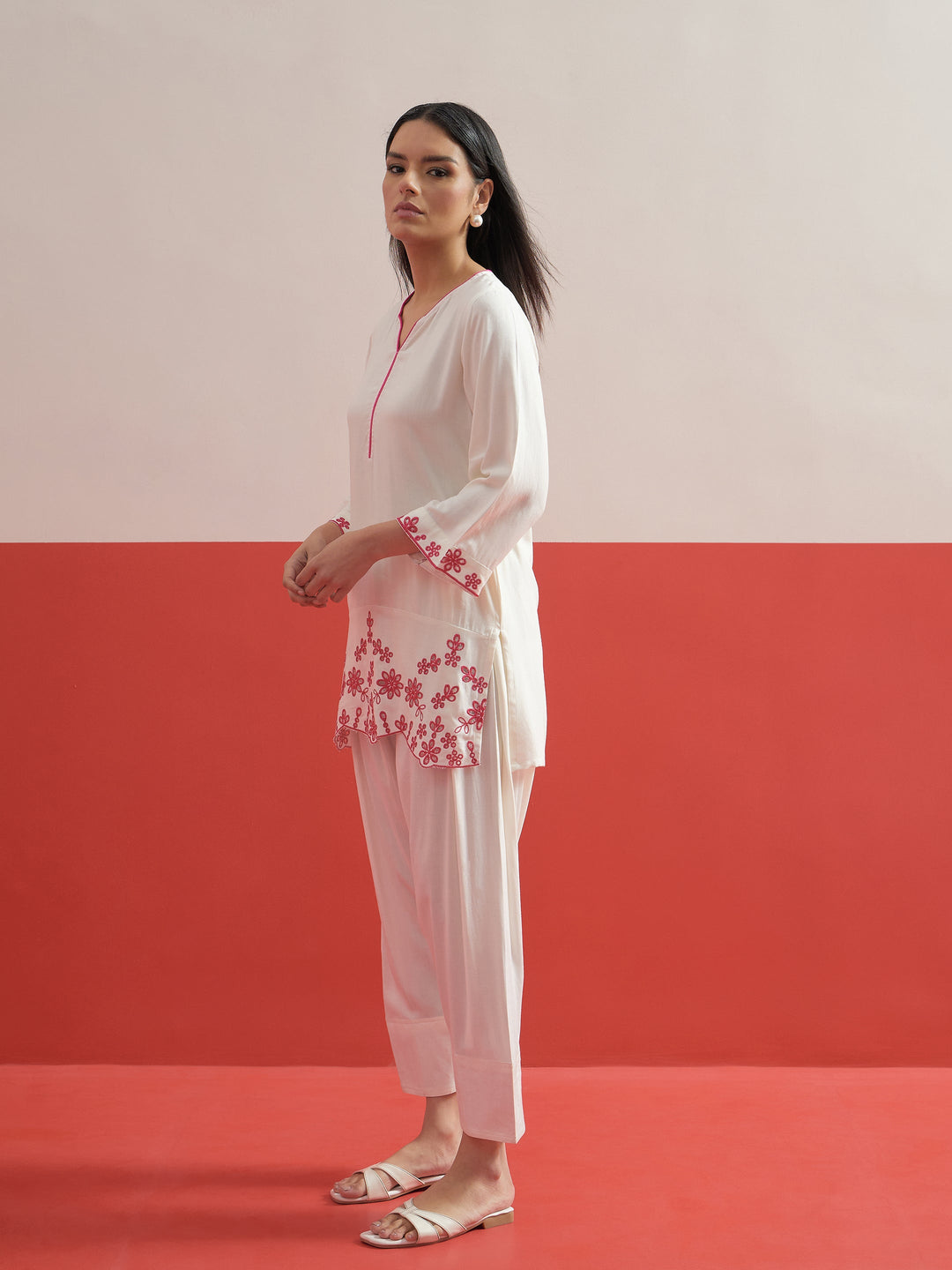 Women White Thread Embroidered Short Kurti With Pharsi Salwar