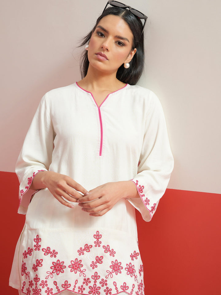 Women White Thread Embroidered Short Kurti With Pharsi Salwar