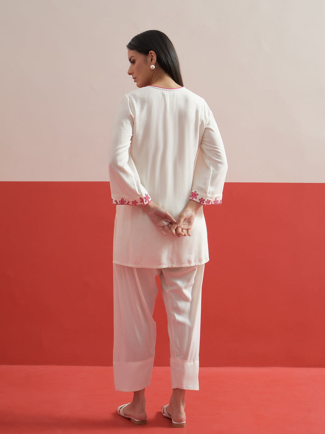 Women White Thread Embroidered Short Kurti With Pharsi Salwar