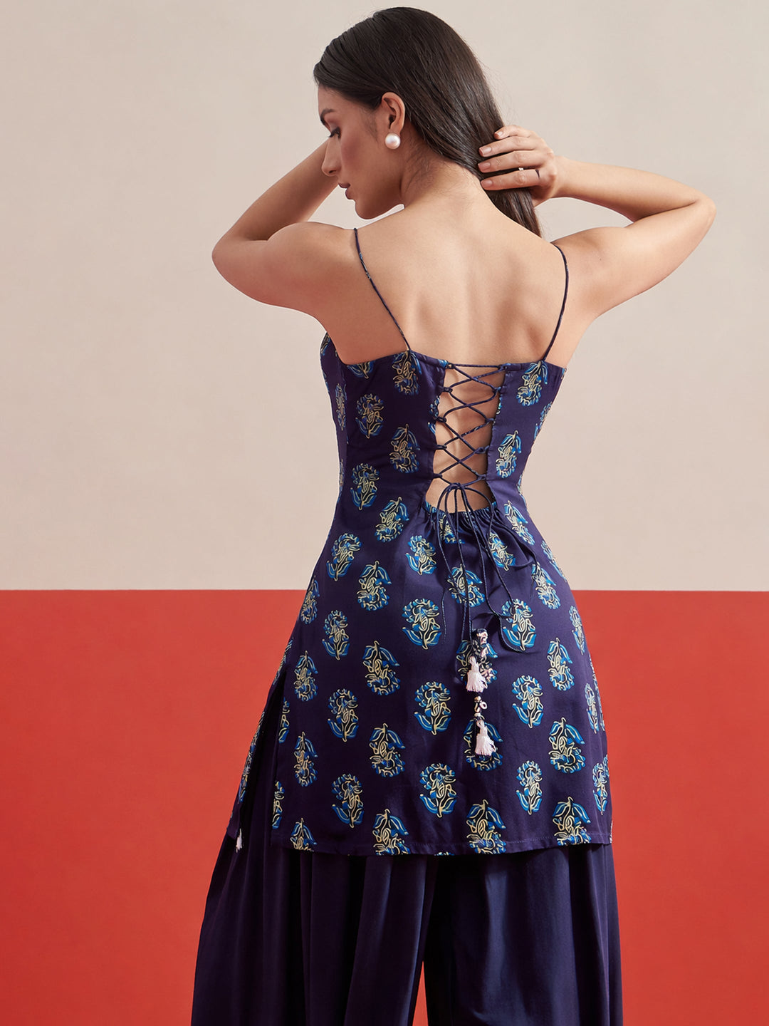 Women Navy Blue Floral Strappy Kurta With Afghani Salwar