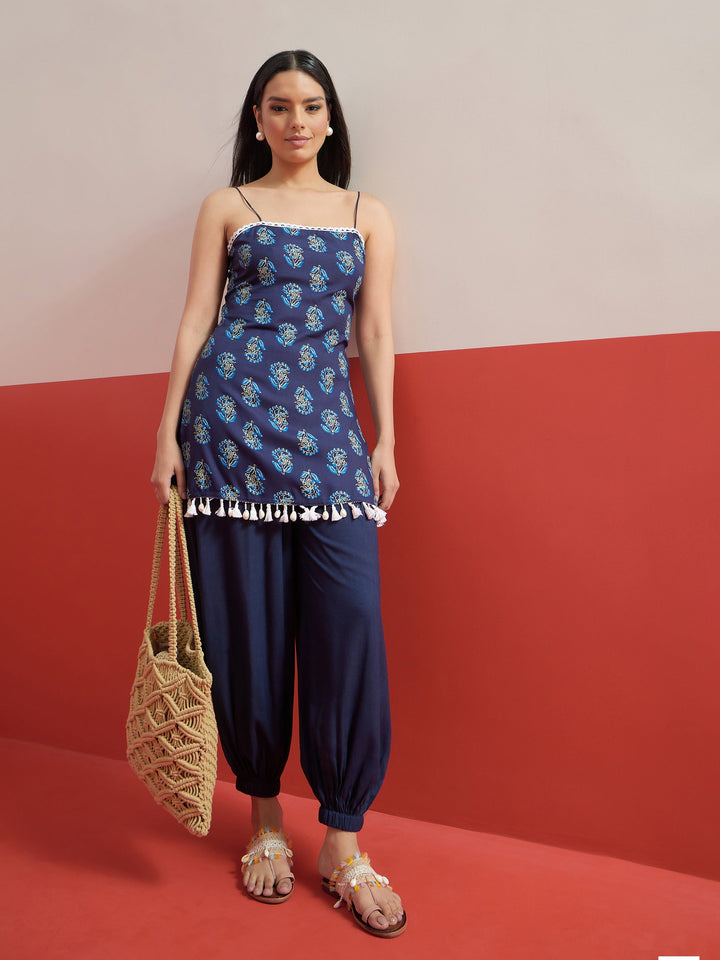 Women Navy Blue Floral Strappy Kurta With Afghani Salwar