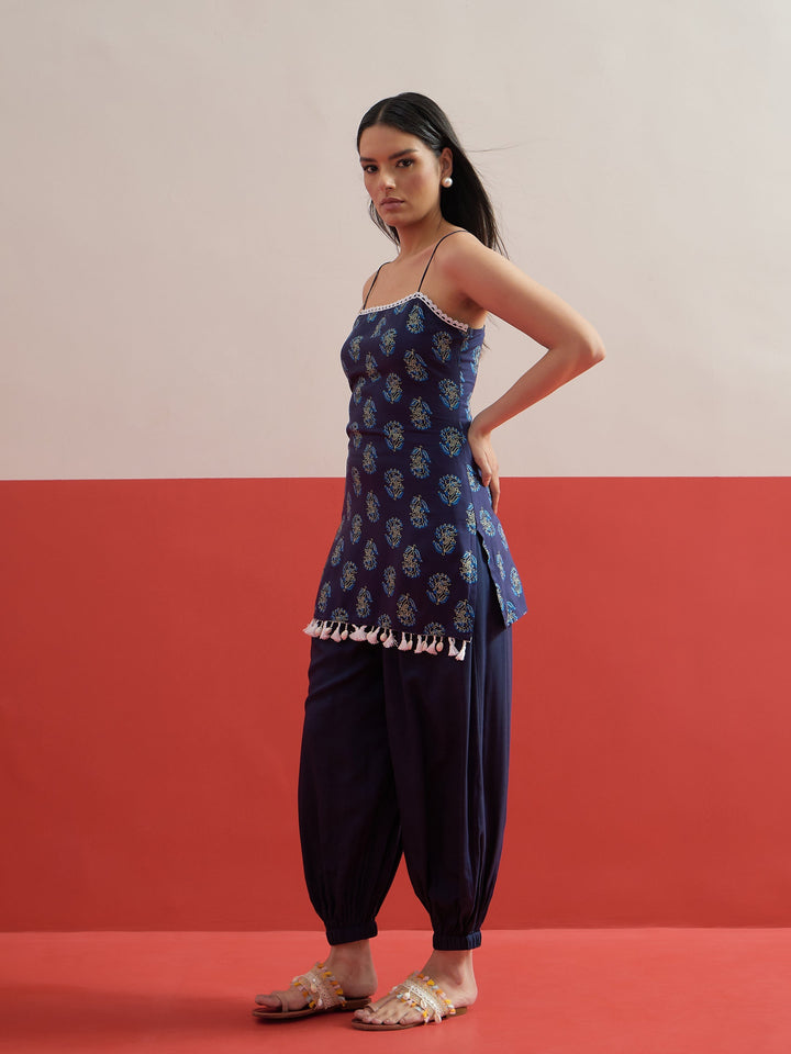 Women Navy Blue Floral Strappy Kurta With Afghani Salwar