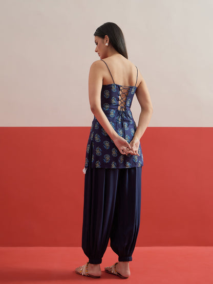 Women Navy Blue Floral Strappy Kurta With Afghani Salwar