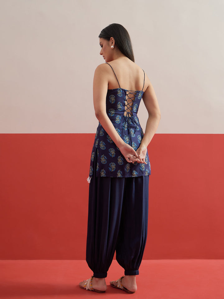 Women Navy Blue Floral Strappy Kurta With Afghani Salwar