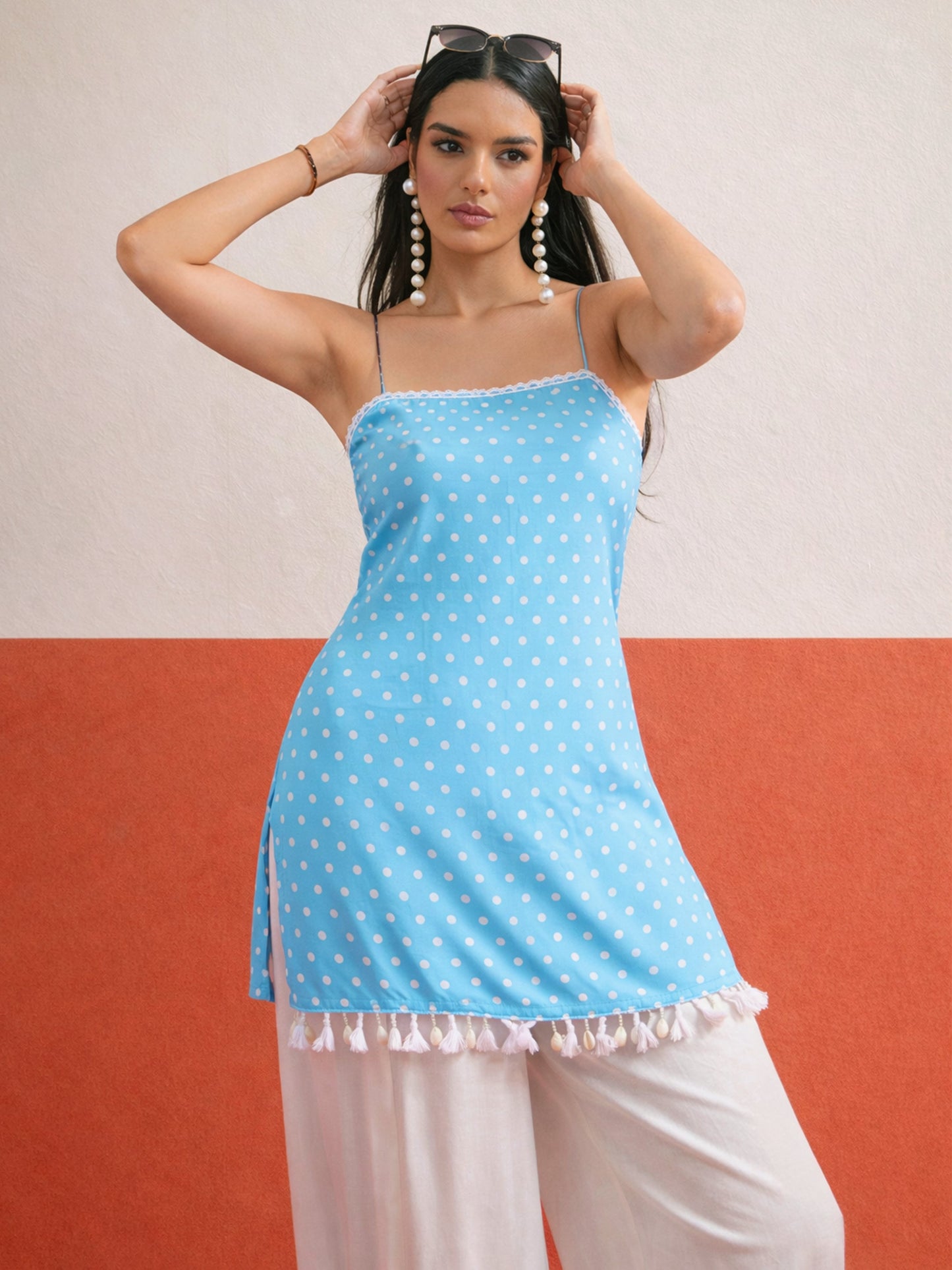 Women Blue Polka Dot Strappy Kurta With Afghani Salwar