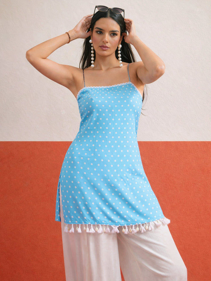 Women Blue Polka Dot Strappy Kurta With Afghani Salwar