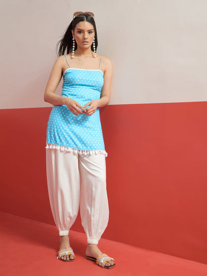 Women Blue Polka Dot Strappy Kurta With Afghani Salwar