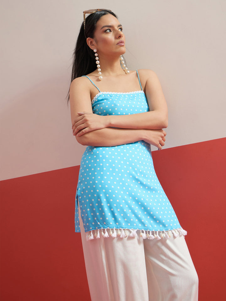Women Blue Polka Dot Strappy Kurta With Afghani Salwar