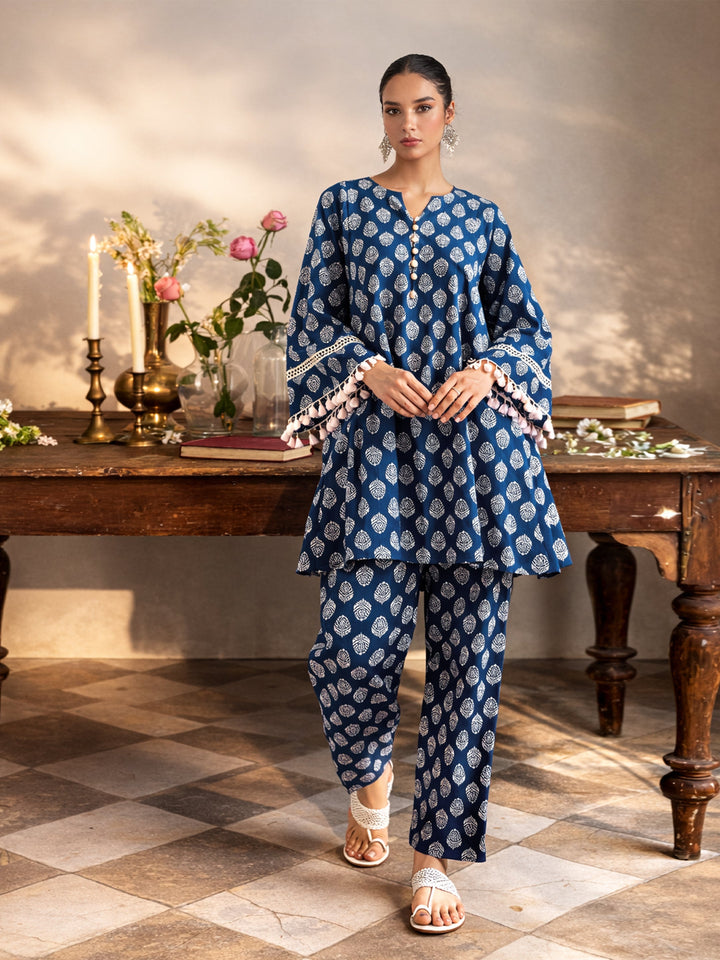 Women Blue Floral Choga Kurta With Pharsi Salwar