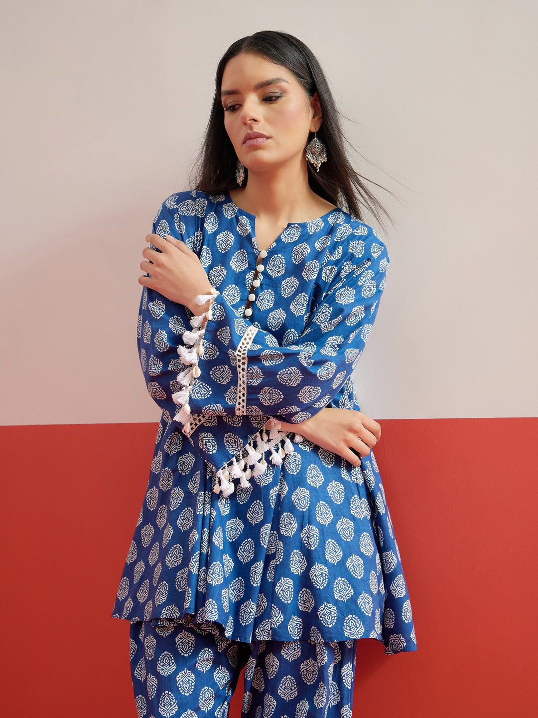 Women Blue Floral Choga Kurta With Pharsi Salwar