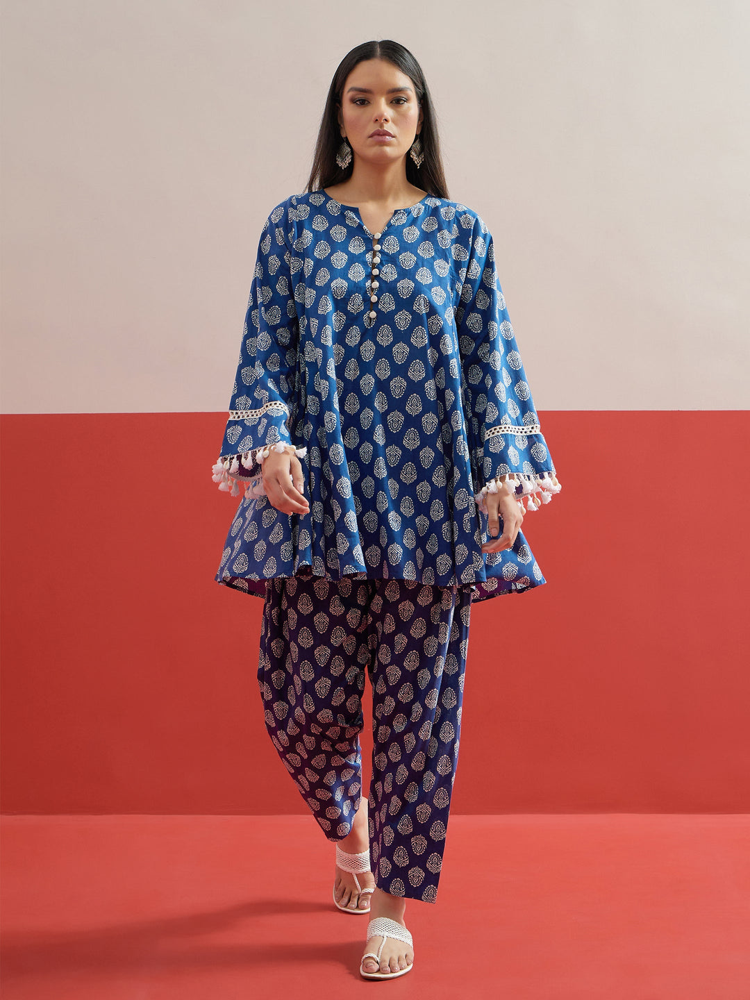 Women Blue Floral Choga Kurta With Pharsi Salwar