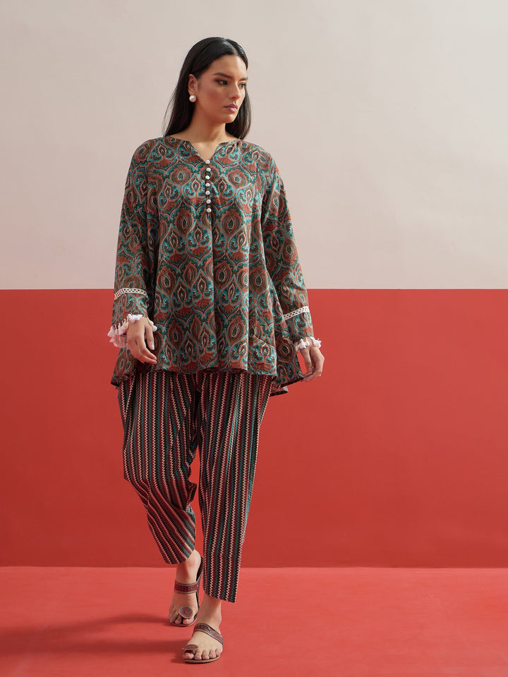 Women Green Floral Choga Kurta With Pharsi Salwar