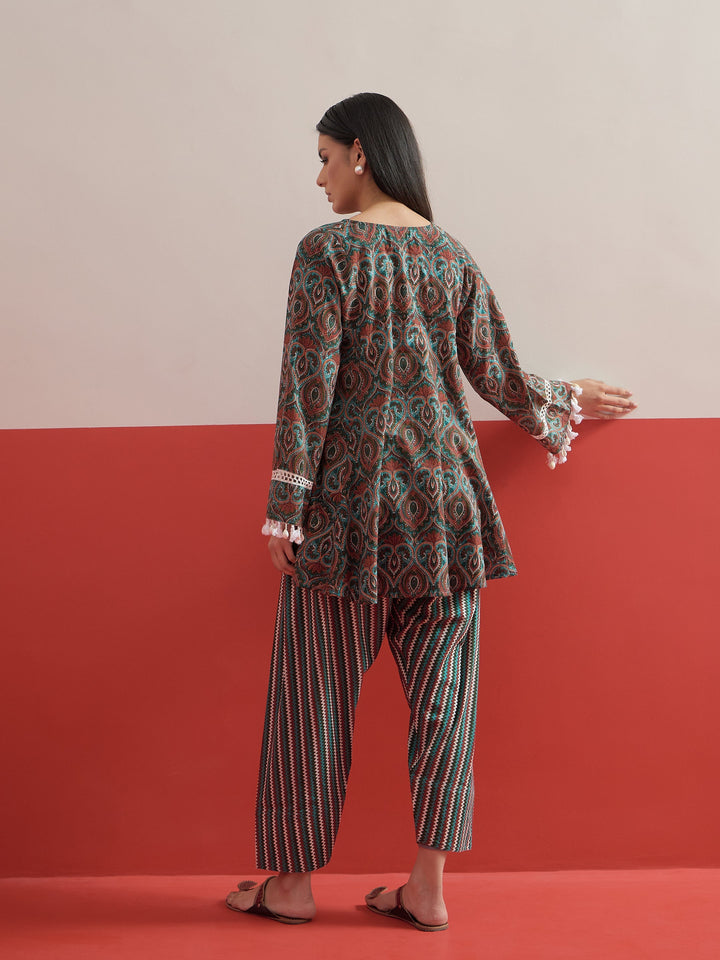 Women Green Floral Choga Kurta With Pharsi Salwar