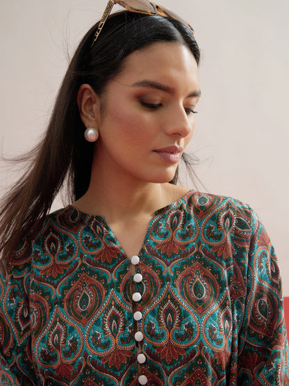 Women Green Floral Choga Kurta With Pharsi Salwar