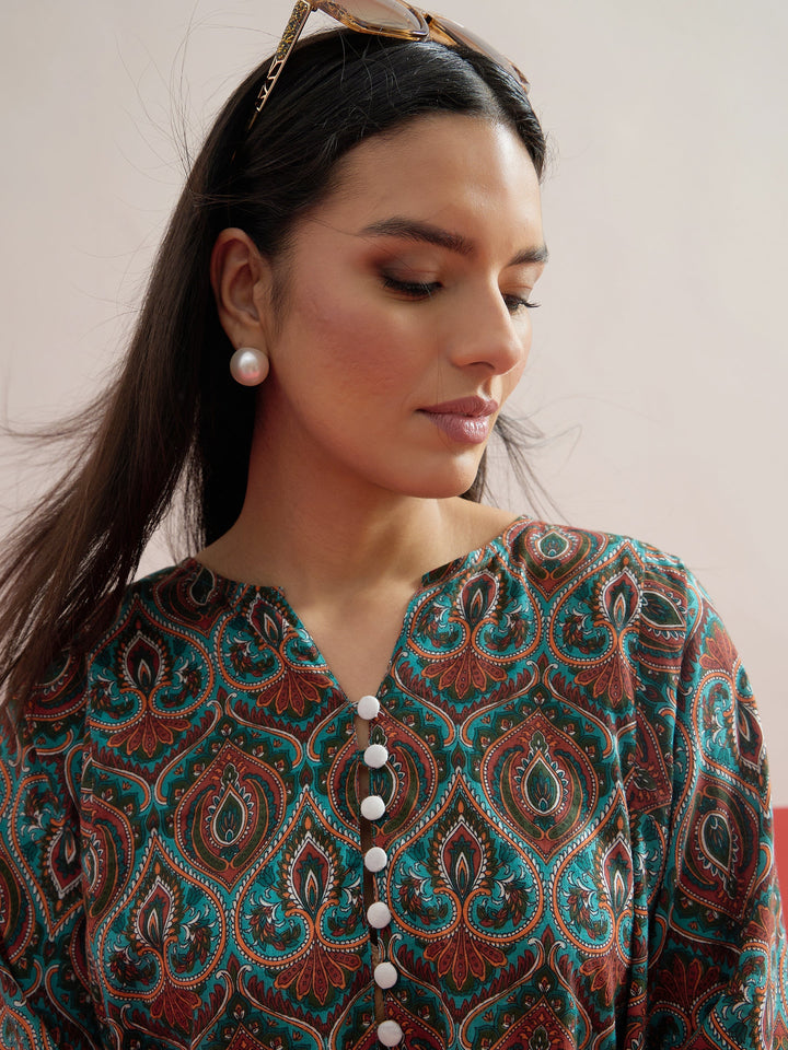 Women Green Floral Choga Kurta With Pharsi Salwar
