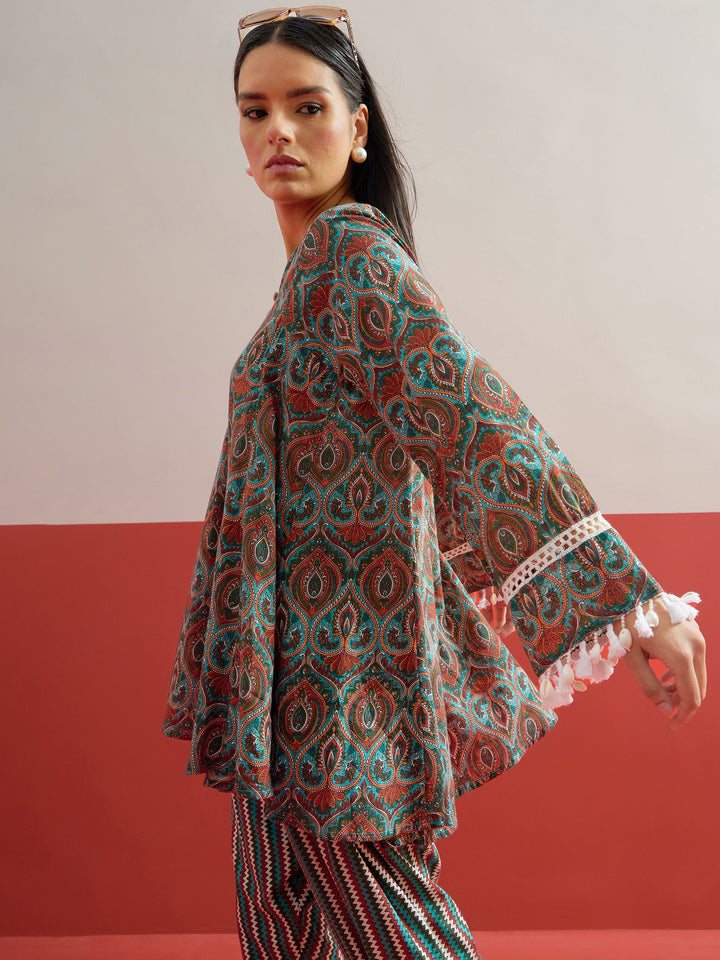 Women Green Floral Choga Kurta With Pharsi Salwar