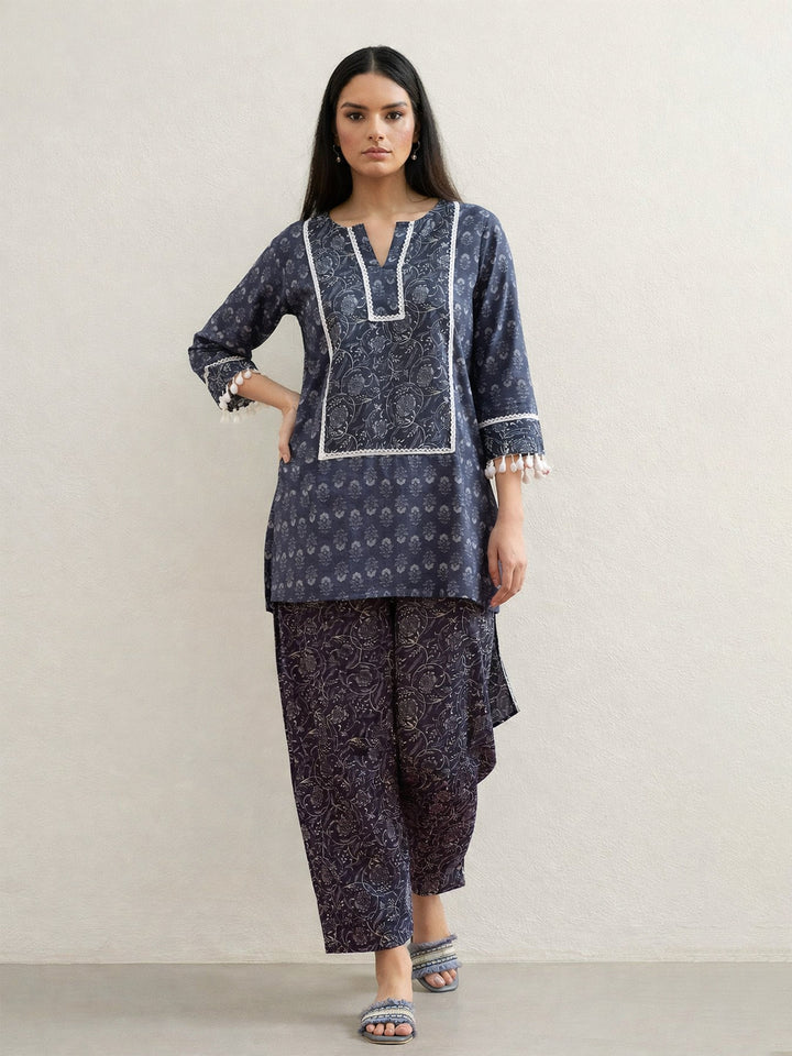 Women Grey Floral Short Kurti With Pharsi Salwar