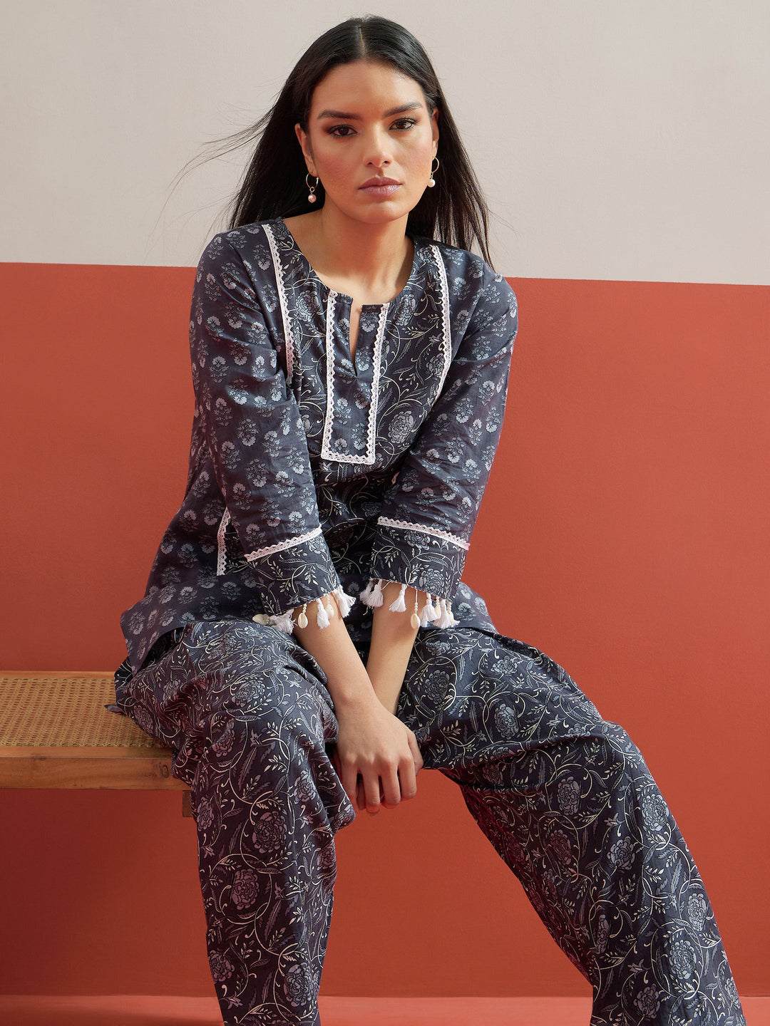 Women Grey Floral Short Kurti With Pharsi Salwar