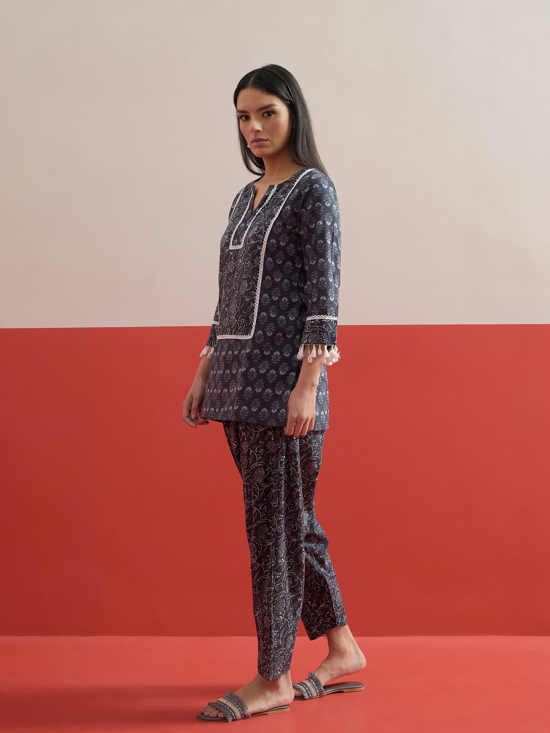 Women Grey Floral Short Kurti With Pharsi Salwar