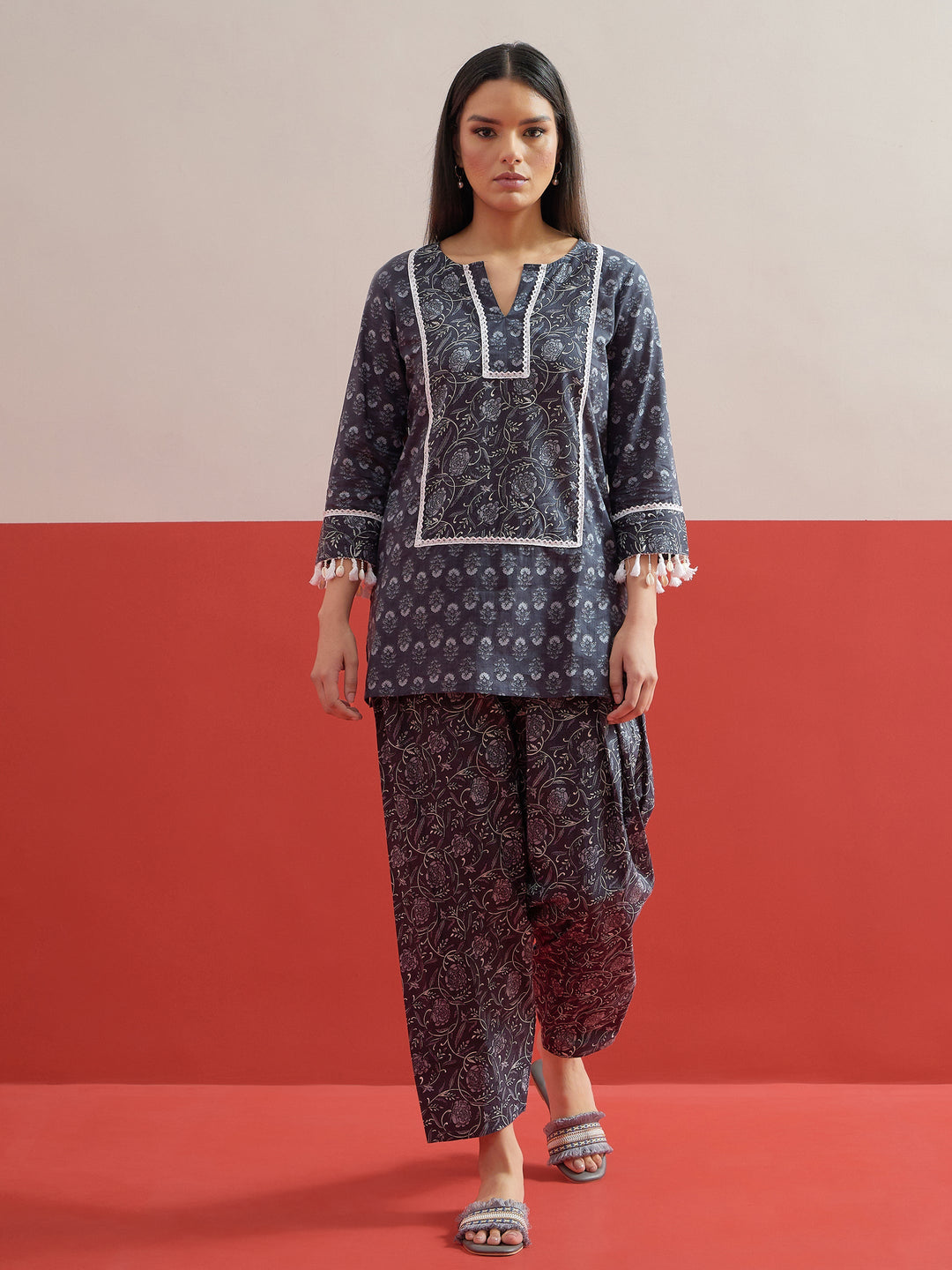 Women Grey Floral Short Kurti With Pharsi Salwar