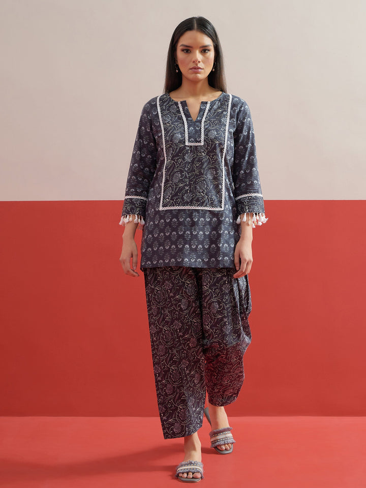 Women Grey Floral Short Kurti With Pharsi Salwar