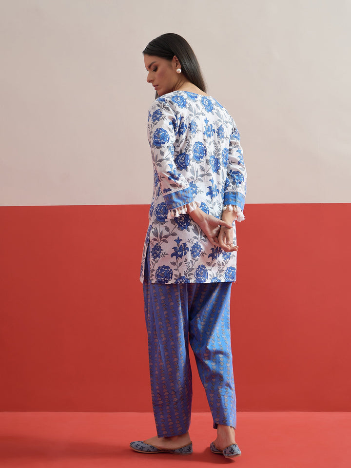 Women Blue Floral Short Kurti With Pharsi Salwar
